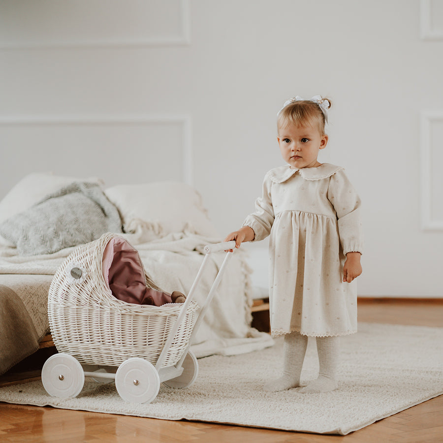 White wicker doll pram with floral bedding - LILI