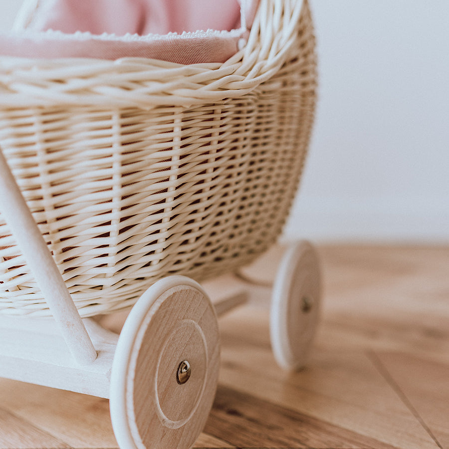White wicker doll pram with floral bedding - LILI