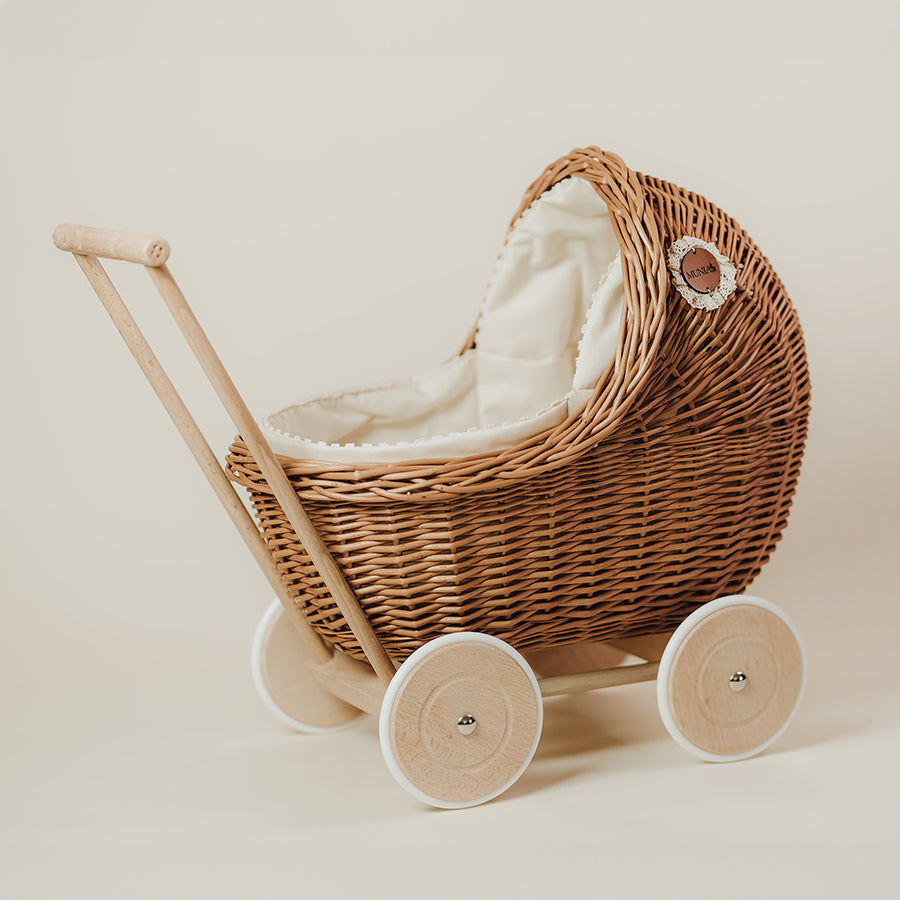 Wicker doll pram in natural color with berry bedding - LILI