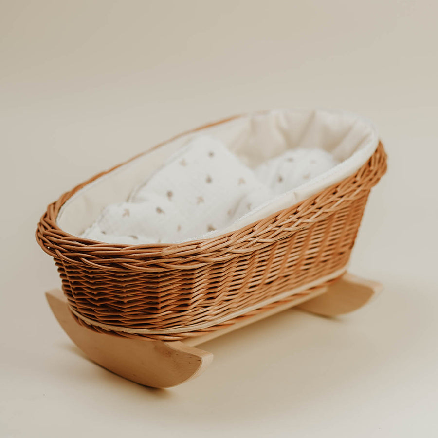 Natural Wicker Doll Cradle with Berry Bedding