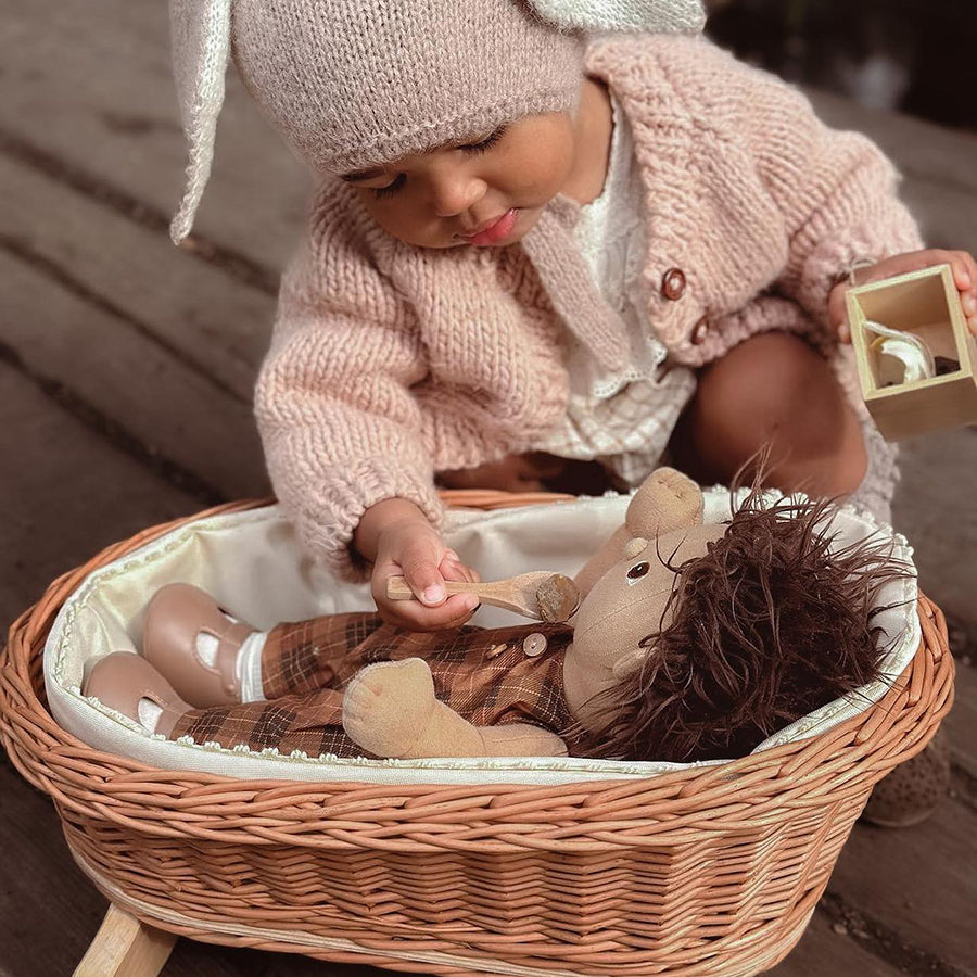 Natural Wicker Doll Cradle with Berry Bedding