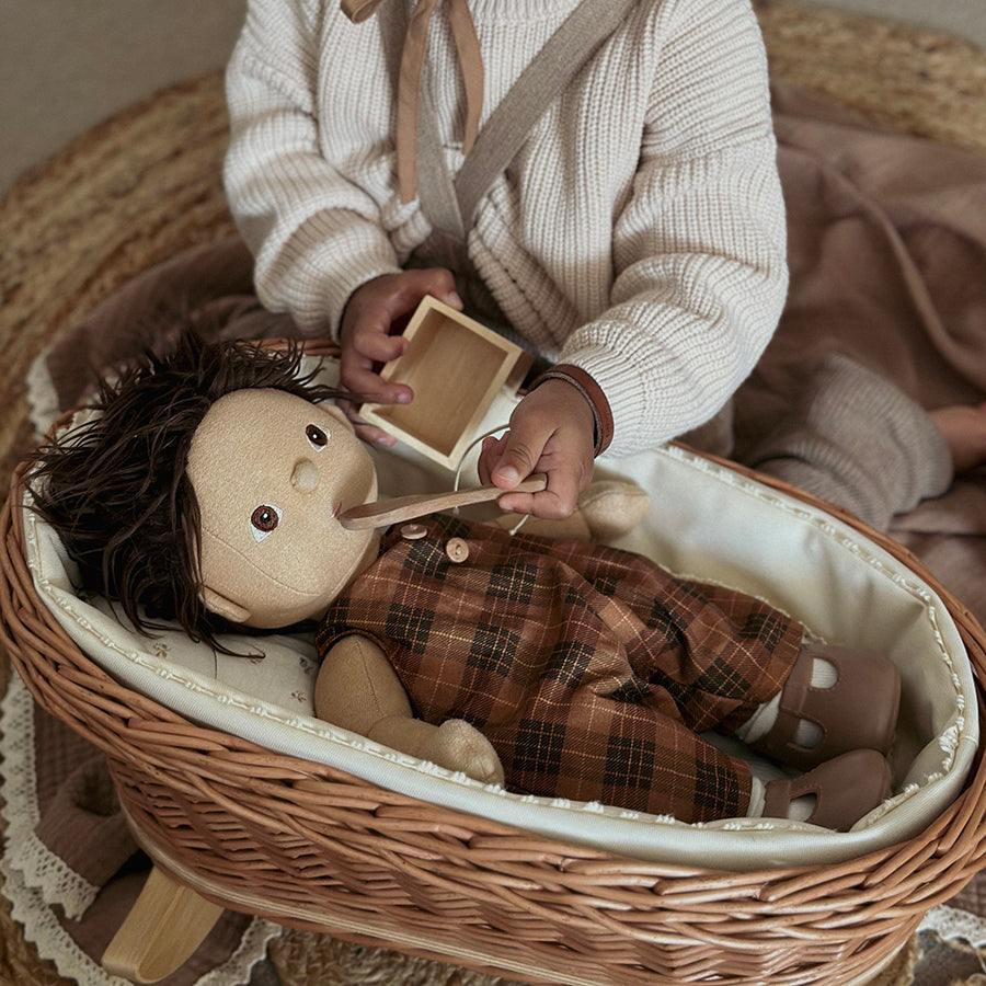 Natural Wicker Doll Cradle with Berry Bedding
