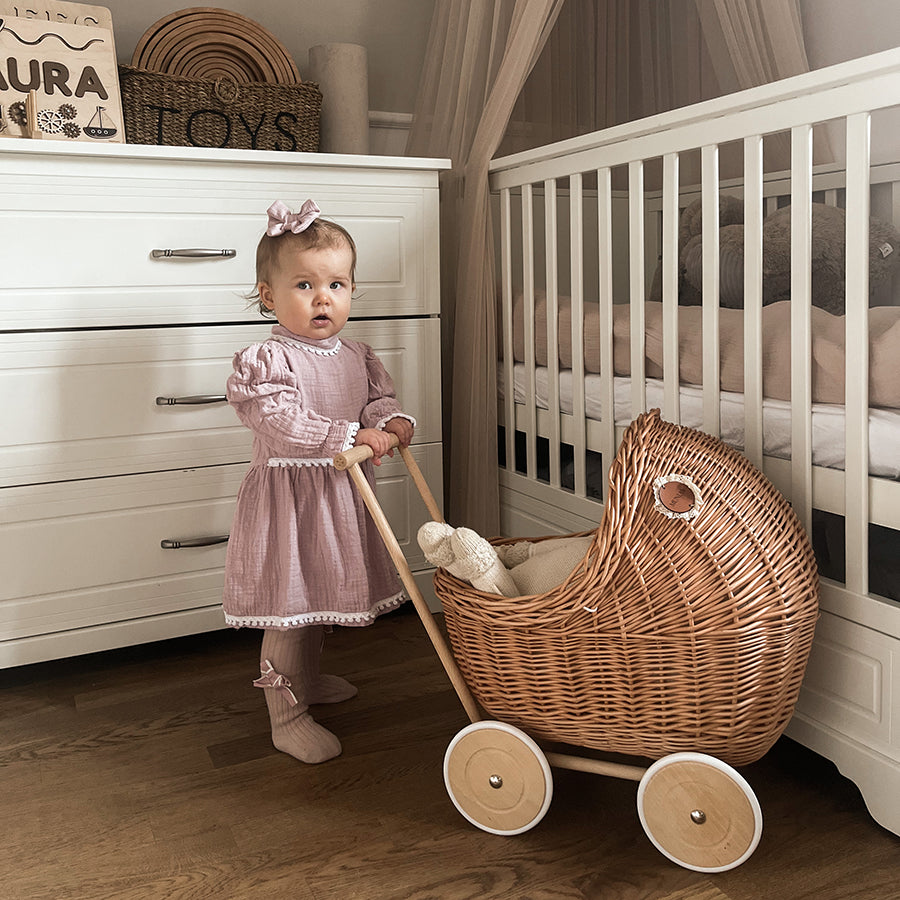 Wicker doll pram in natural color with berry bedding - LILI