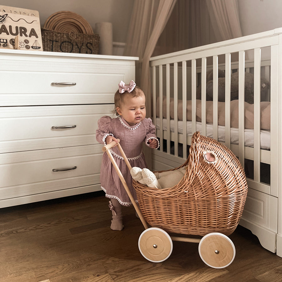 Wicker doll pram in natural color with berry bedding - LILI