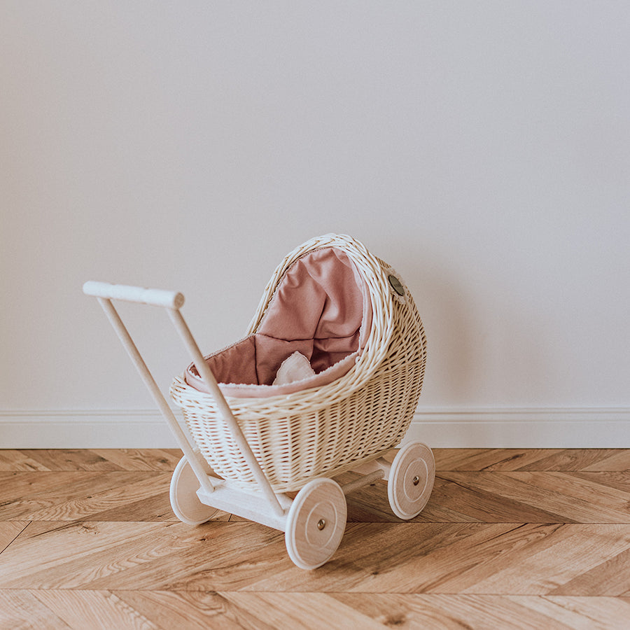 White wicker doll pram with floral bedding - LILI
