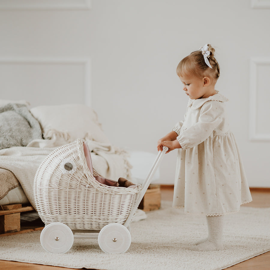 White wicker doll pram with floral bedding - LILI