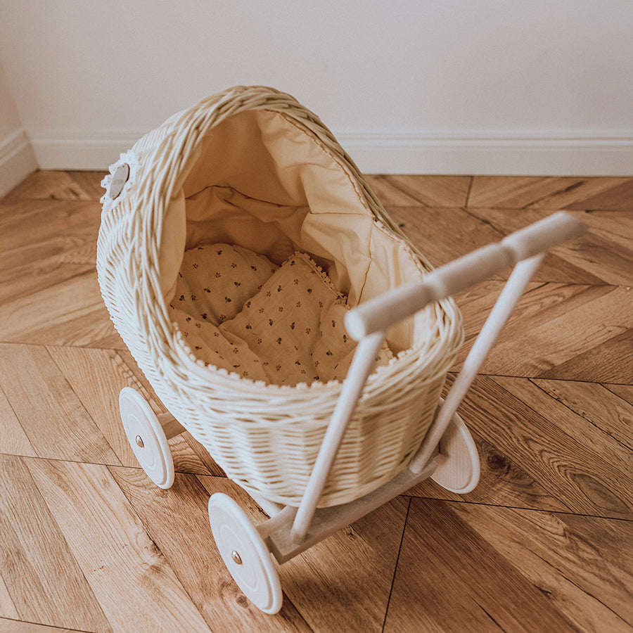 White wicker doll pram with berry bedding - LILI