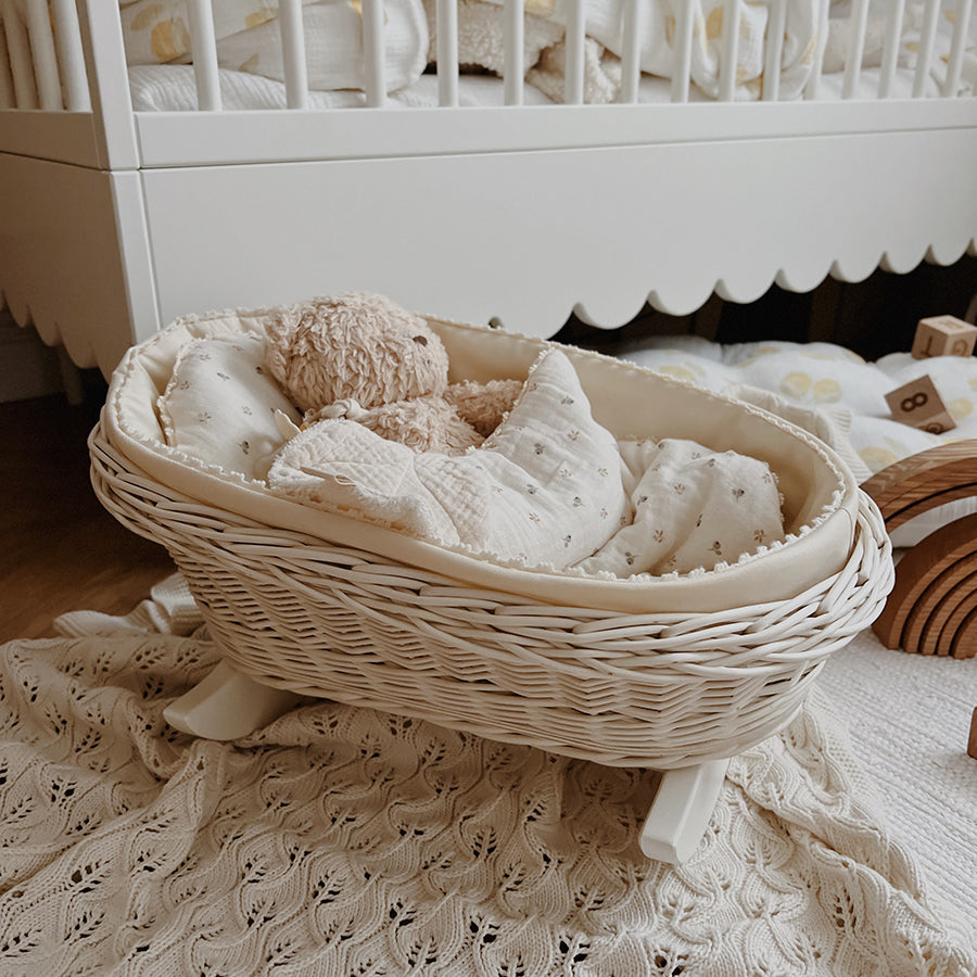Natural Wicker Doll Cradle with Berry Bedding