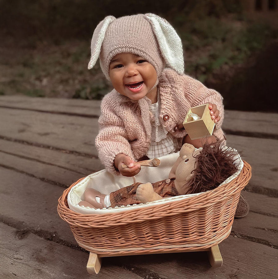 Natural Wicker Doll Cradle with Berry Bedding