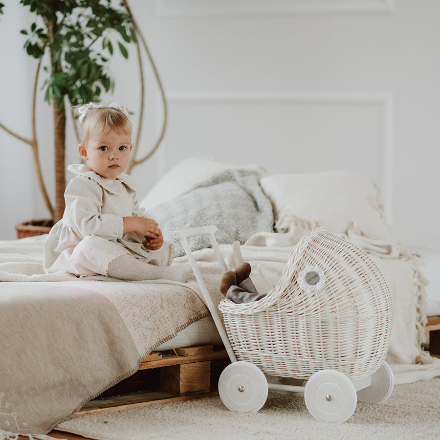 White wicker doll pram with floral bedding - LILI