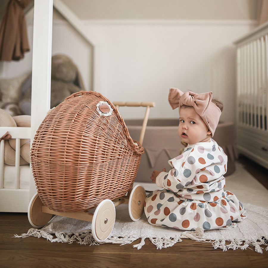 Wicker doll pram in natural color with berry bedding - LILI