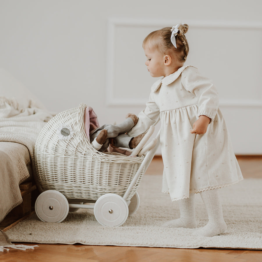 White wicker doll pram with floral bedding - LILI