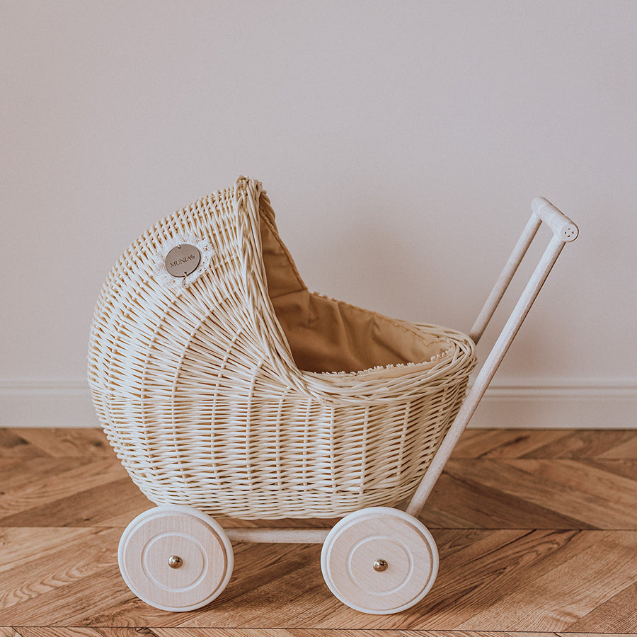 White wicker doll pram with berry bedding - LILI