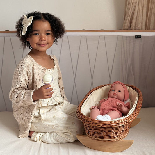 Natural Wicker Doll Cradle with Berry Bedding